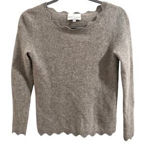 Belle France 2-Ply 100% Cashmere Sweater Gray, Scalloped Scoop Neck & Hem, Small